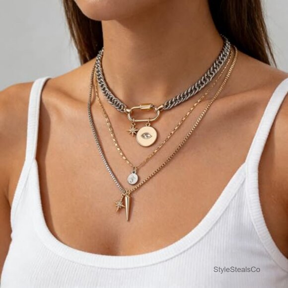 3-Piece Mixed Metal Layered Necklace Set with Evil Eye & Star Charms - Picture 2 of 6